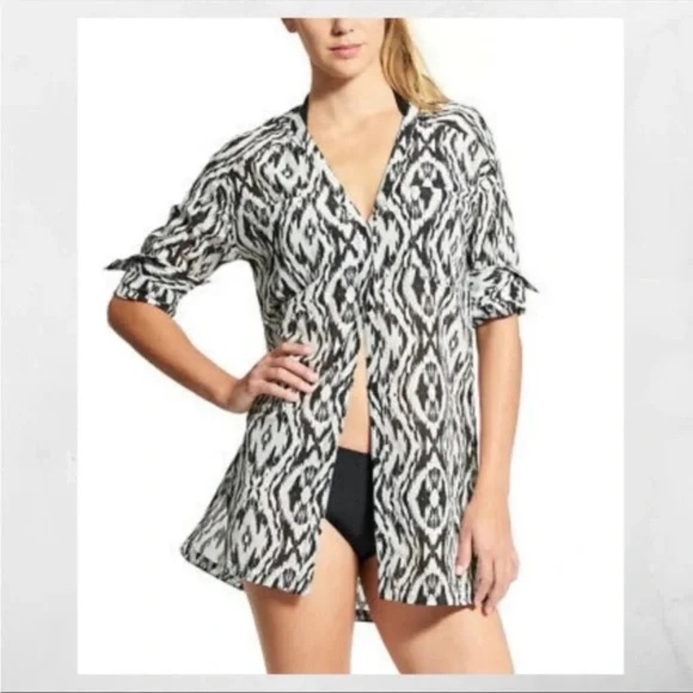 Athleta Kaftan black white ikat long sleeve button down swim cover up
